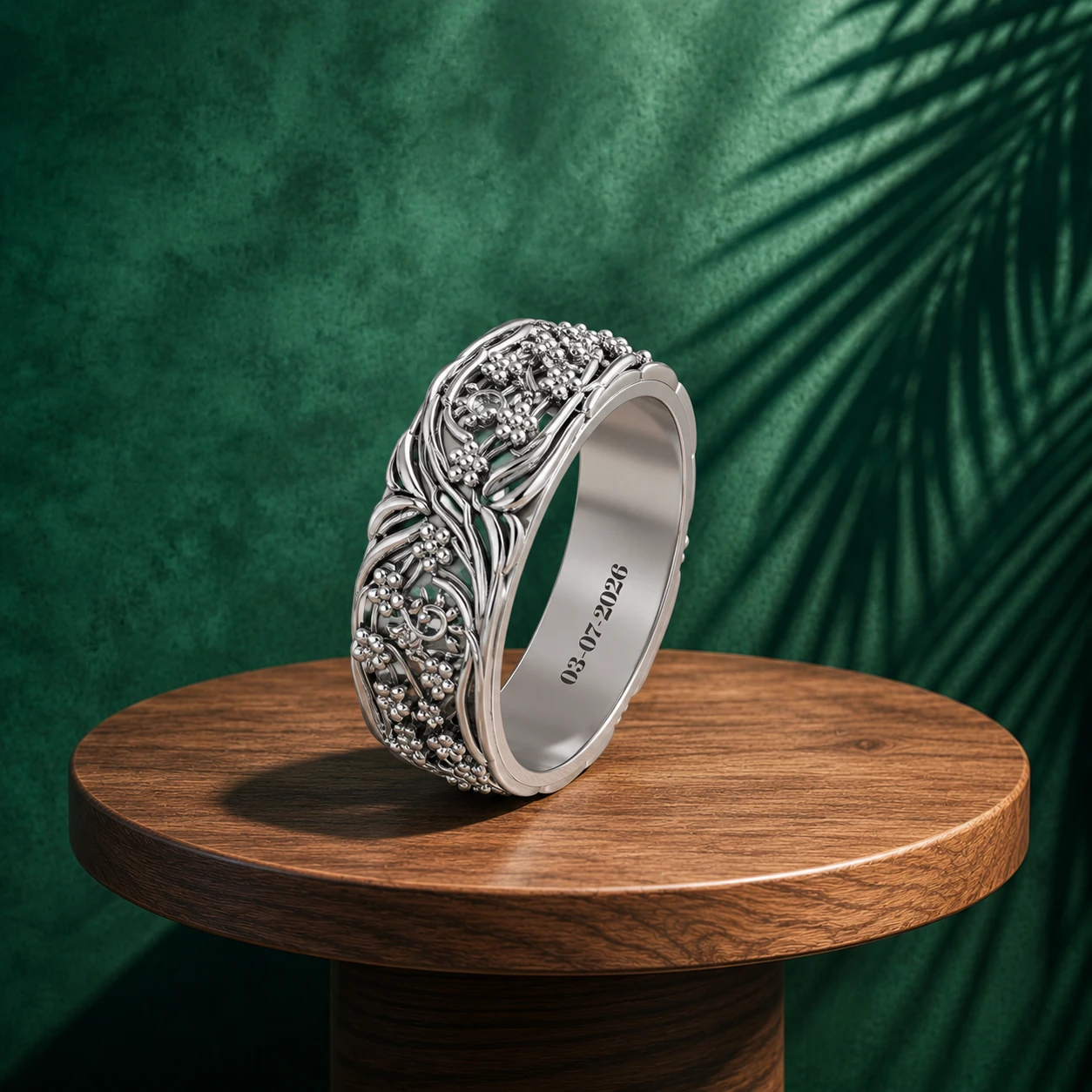 Intricate openwork blossoms and vines detail a silver ring engraving a custom wedding inner date 