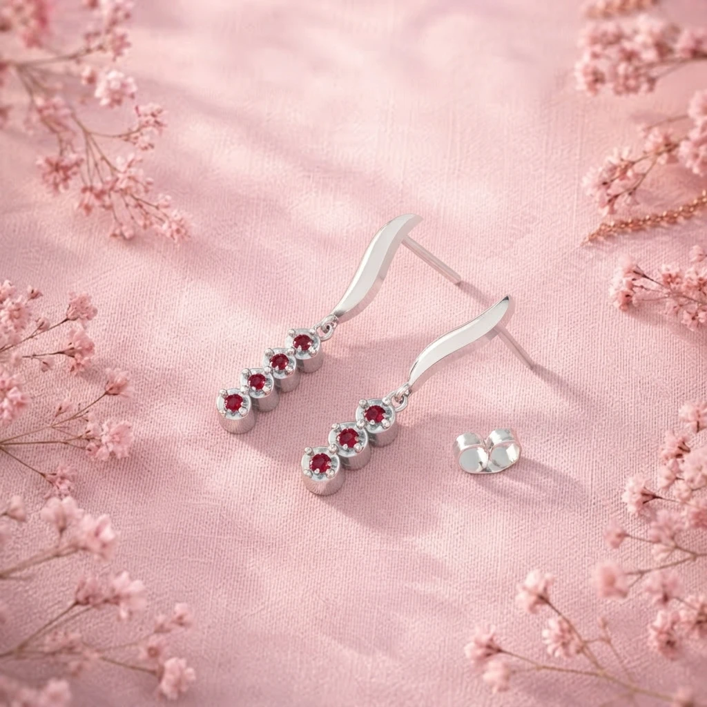 Silver dangle stud earrings featuring a curved top element and a three stone vertical drop of three red garnet gemstone