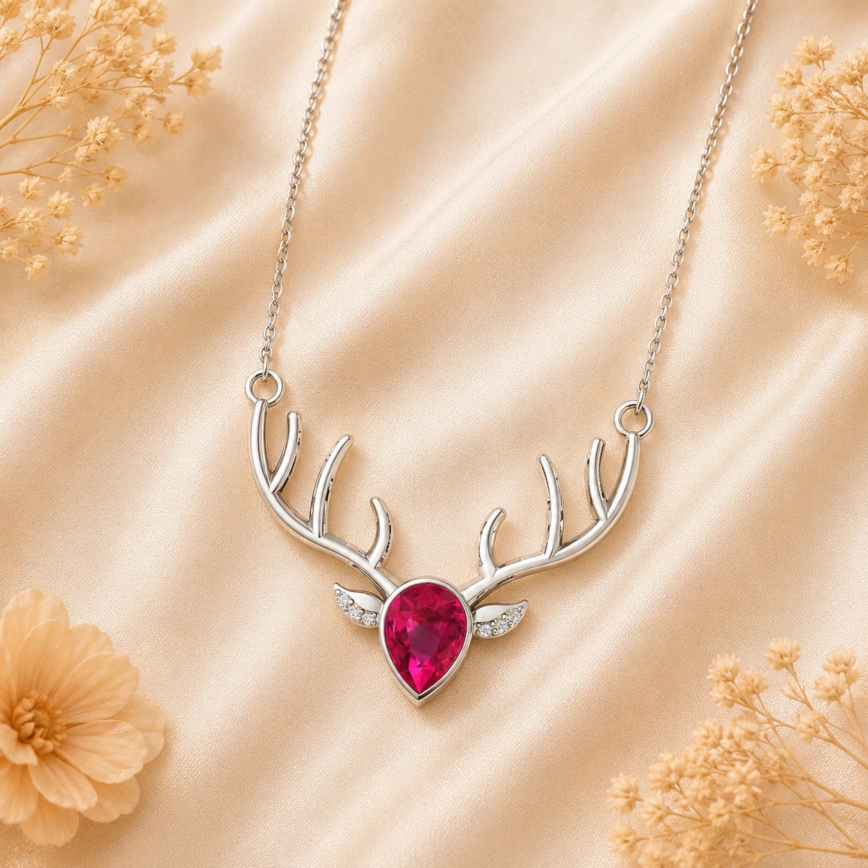 Wizard wand and stag patronus pendant in sterling silver adorned with a pink ruby stone