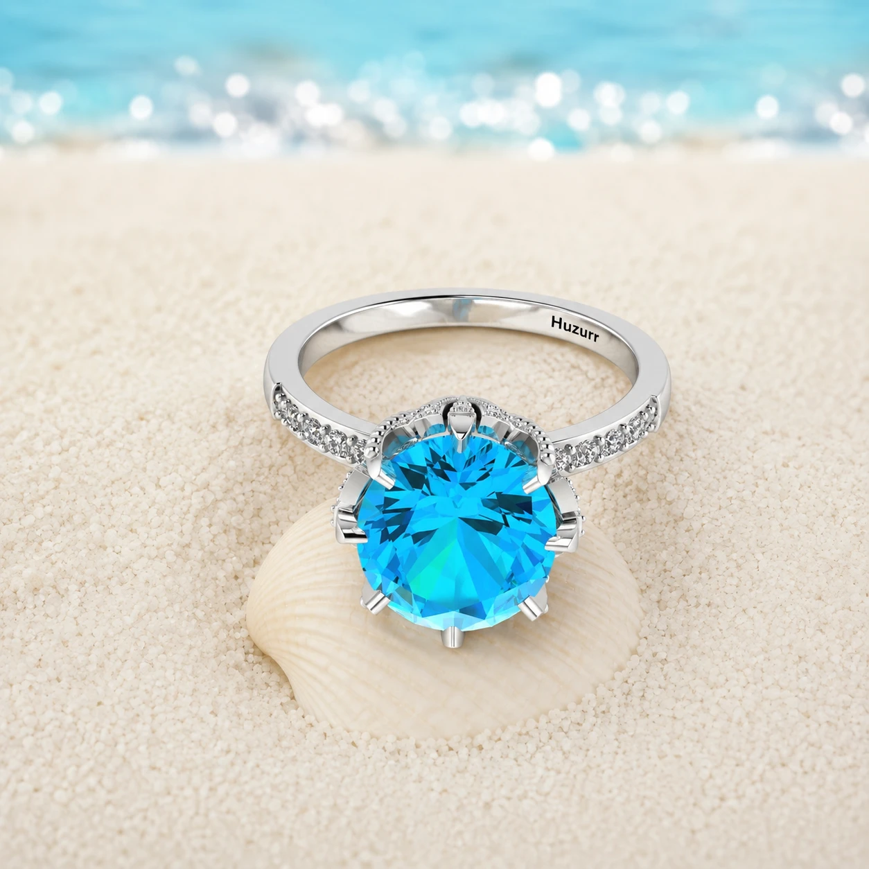 Oval aquamarine crown setting ring in 925 sterling silver with a pave diamond shank band