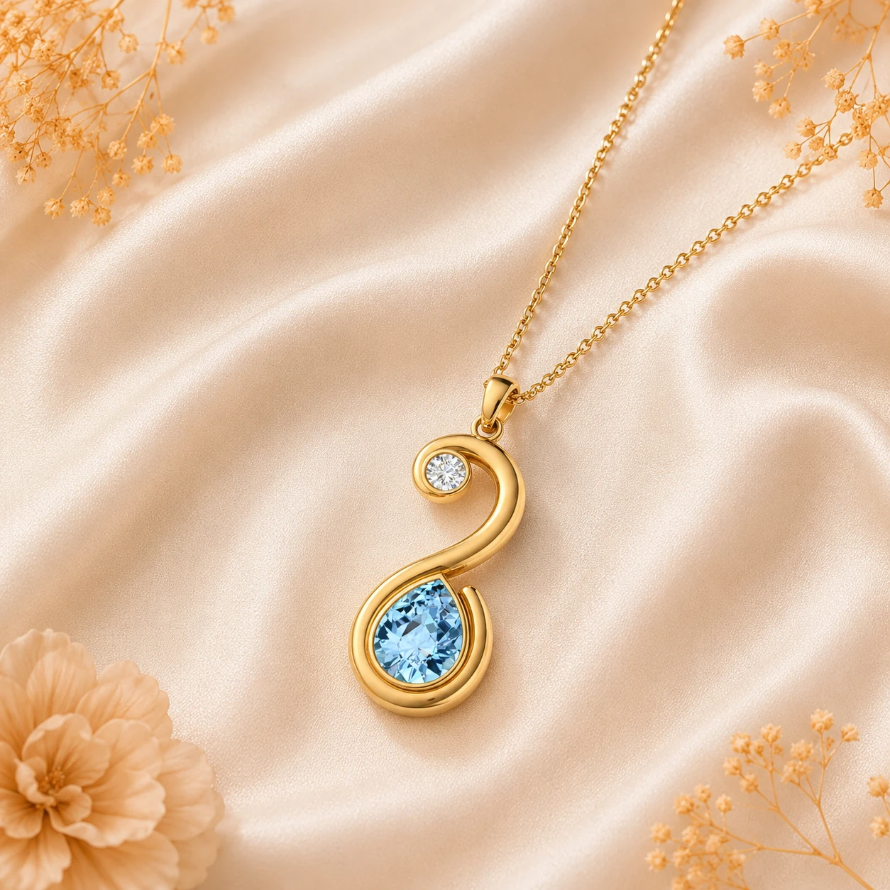 Fluid wave swirl pendant in glod plating holding a light ocean blue pear cut aquamarine gem