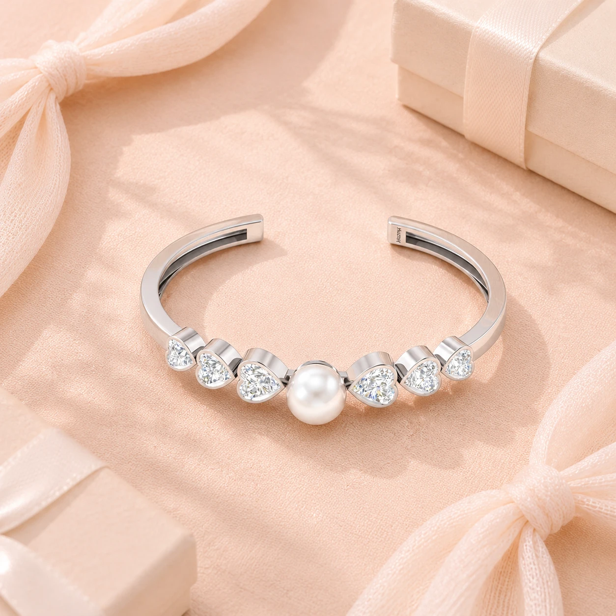 freshwater pearl and heart diamond on silver cuff bracelet