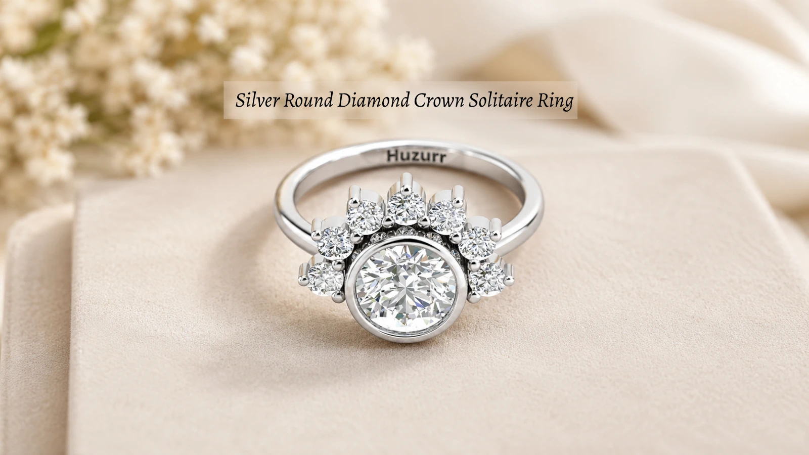 Silver round diamond crown solitaire ring