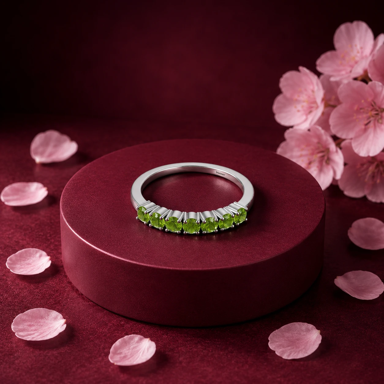 Minimalist 925 sterling silver band ring beautifully channel set with seven round lime green peridots