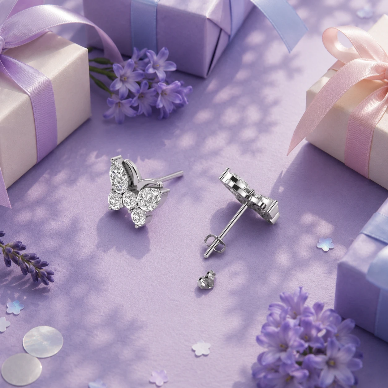 A silver swallowtail butterfly earrings with diamonds
