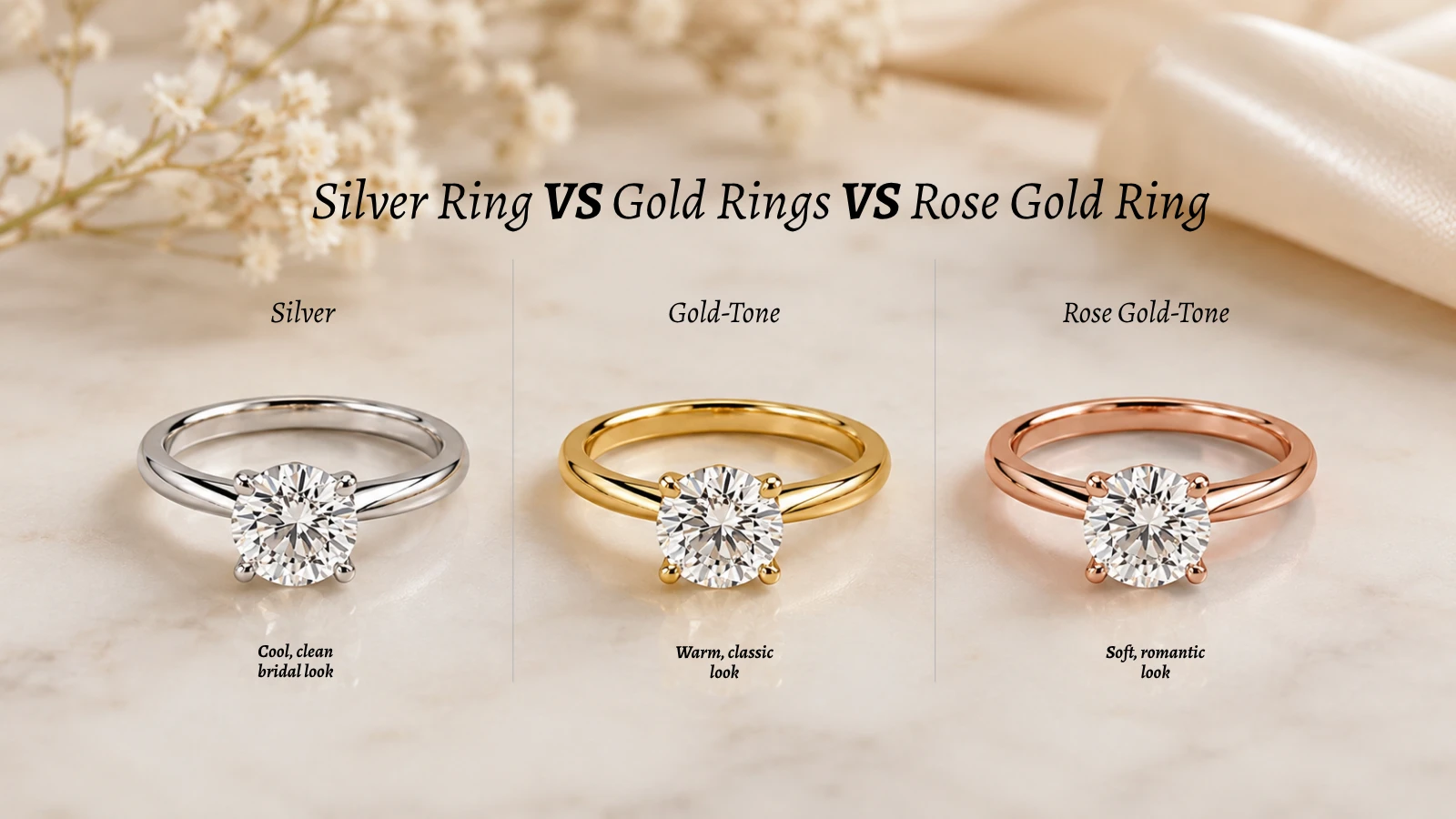 Side-by-side metal comparison of  Silver VS Gold VS Rose Gold Ring