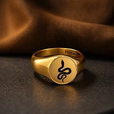 Black Enamel Spiral Snake Engraved Gold Plated Classic Signet Ring