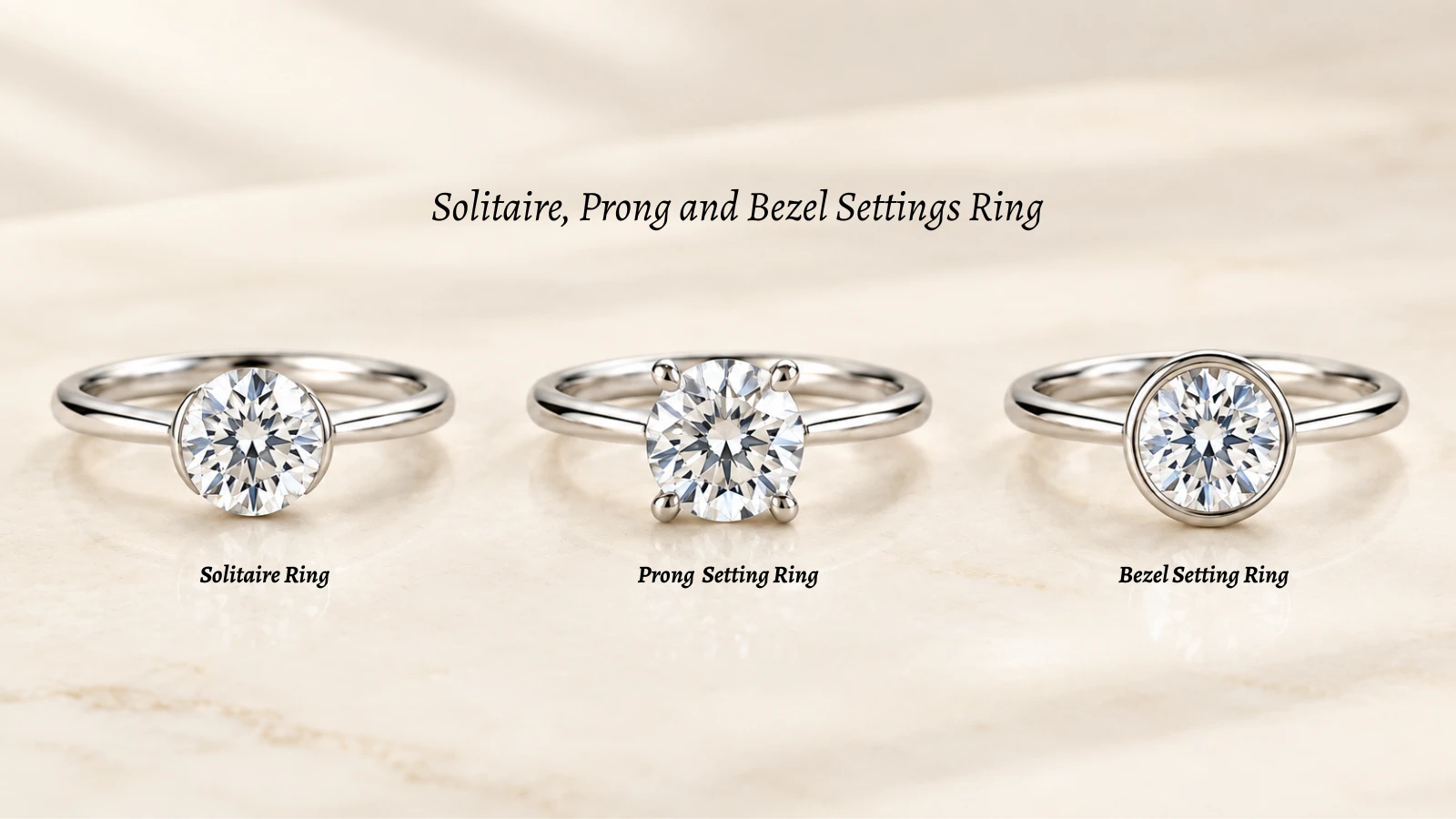 Comparison of solitaire, prong and bezel engagement ring settings