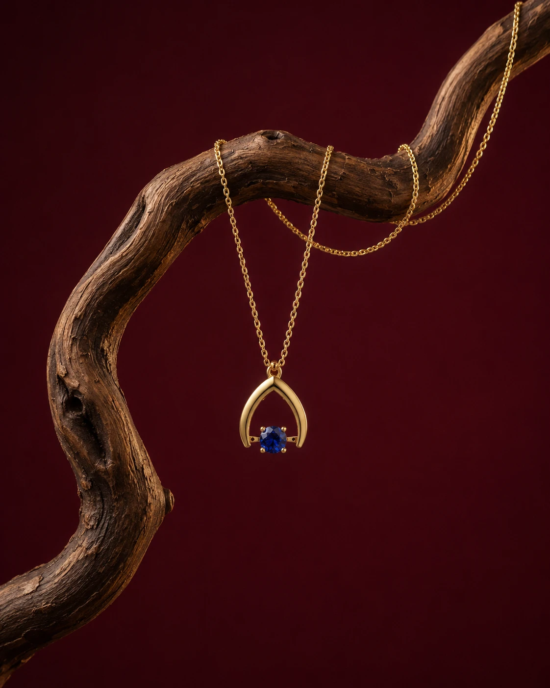 Sparkling Round Blue Sapphire Wishbone Pendant