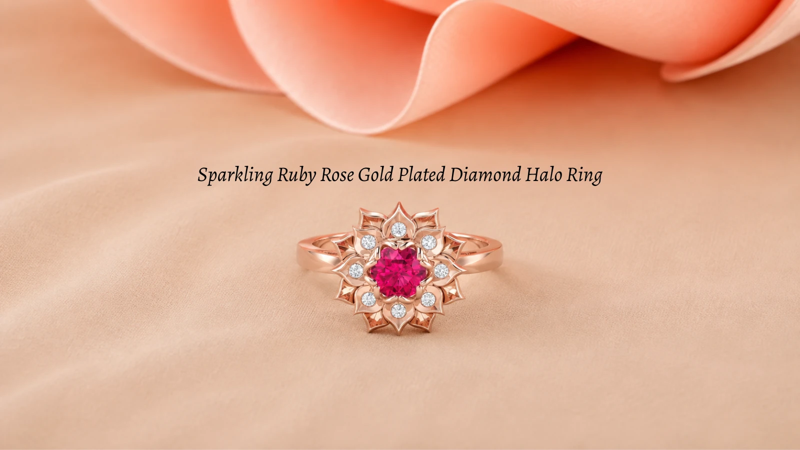 Sparkling ruby rose gold plated diamond halo ring