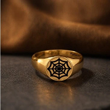 Black Enamel Spider Net Engraved Gold Plated Classic Signet Ring