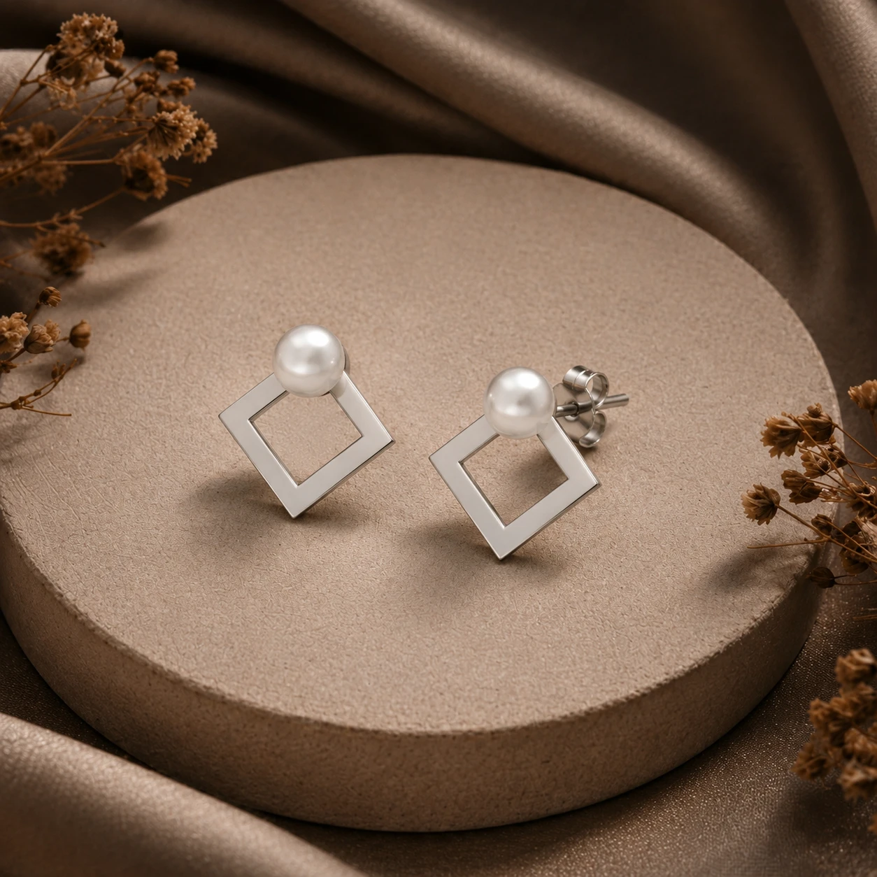 Geometric square silver frames studs earrings holding classic white freshwater pearl