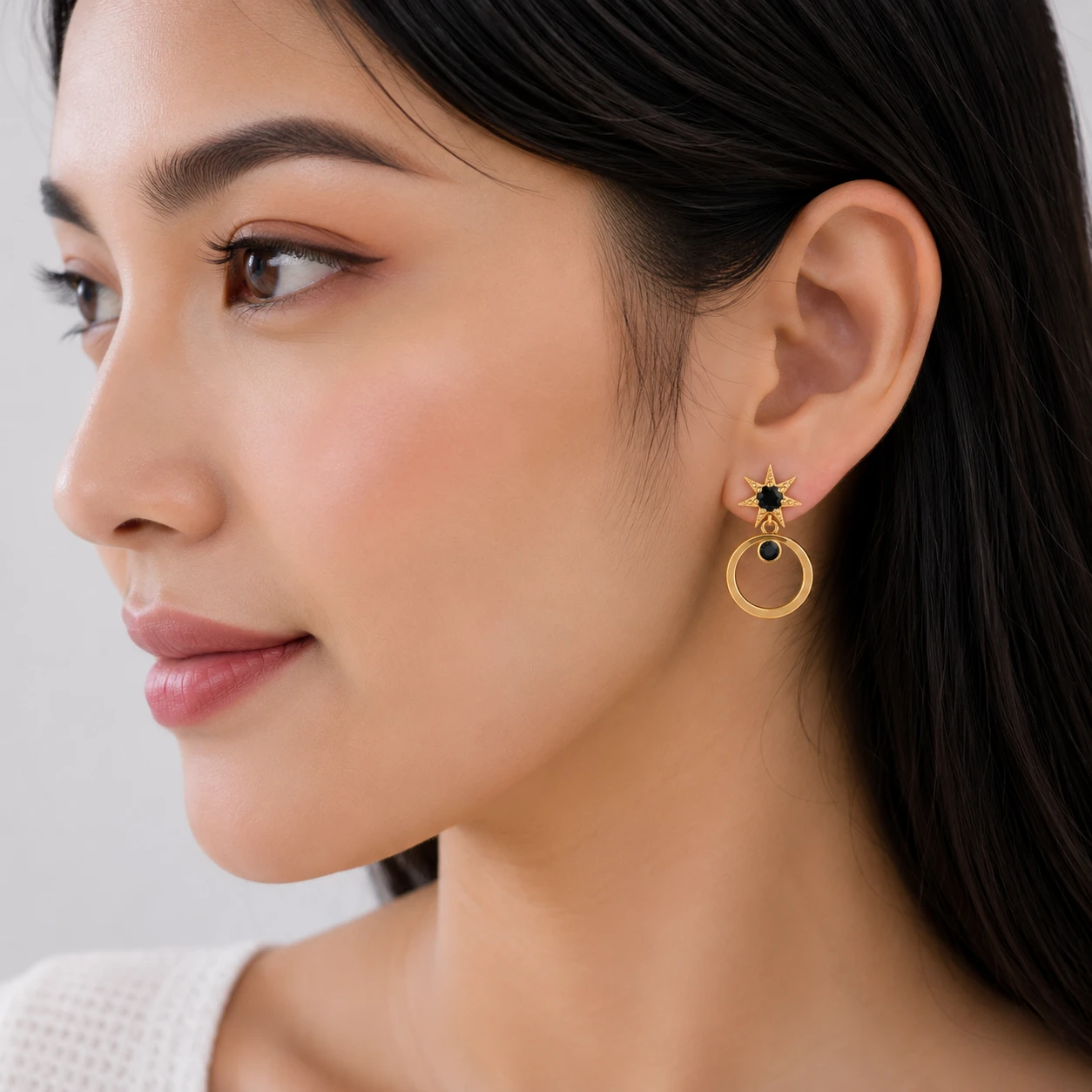 Open Circle Drop Star Black Diamond Earrings