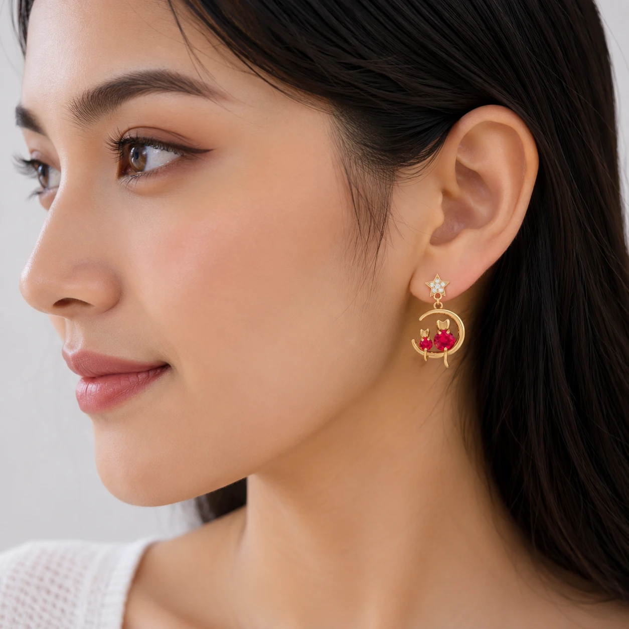 Star Cat On Moon Ruby & Diamond Drop Earrings