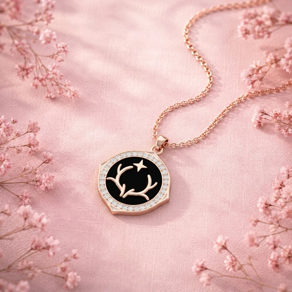 Celestial deer antler icon pendant necklace in rose gold plating with a black enamel background and diamond halo frame