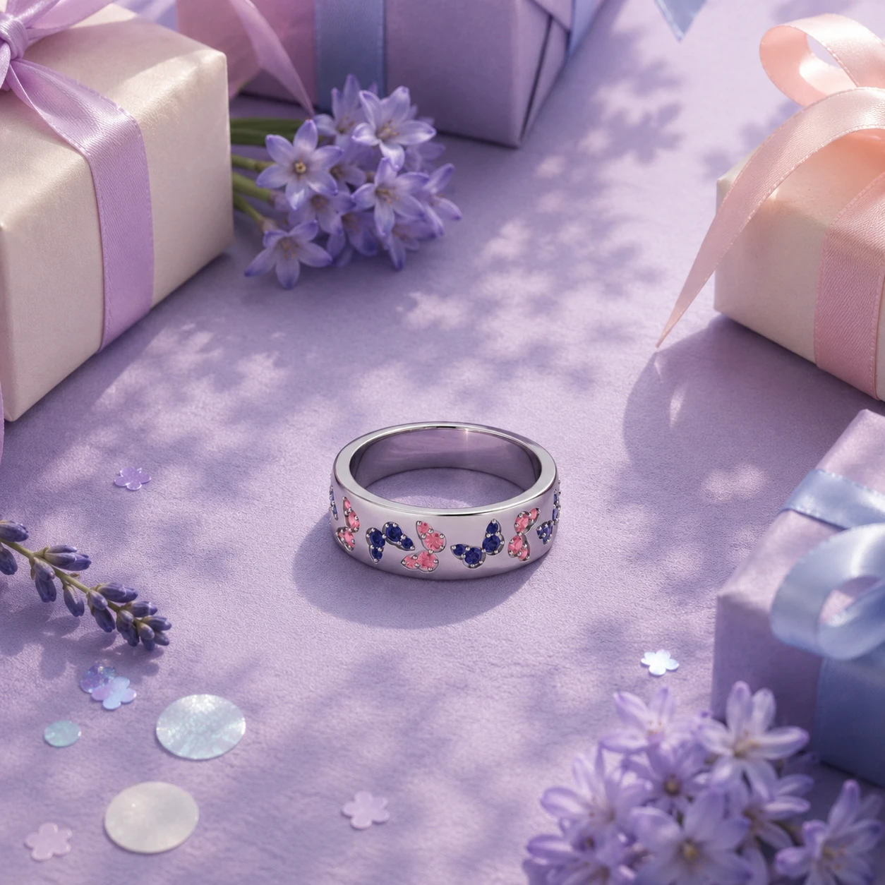 Silver butterfly ring featuring vibrant purple tanzanite and soft pink morganite gemstones