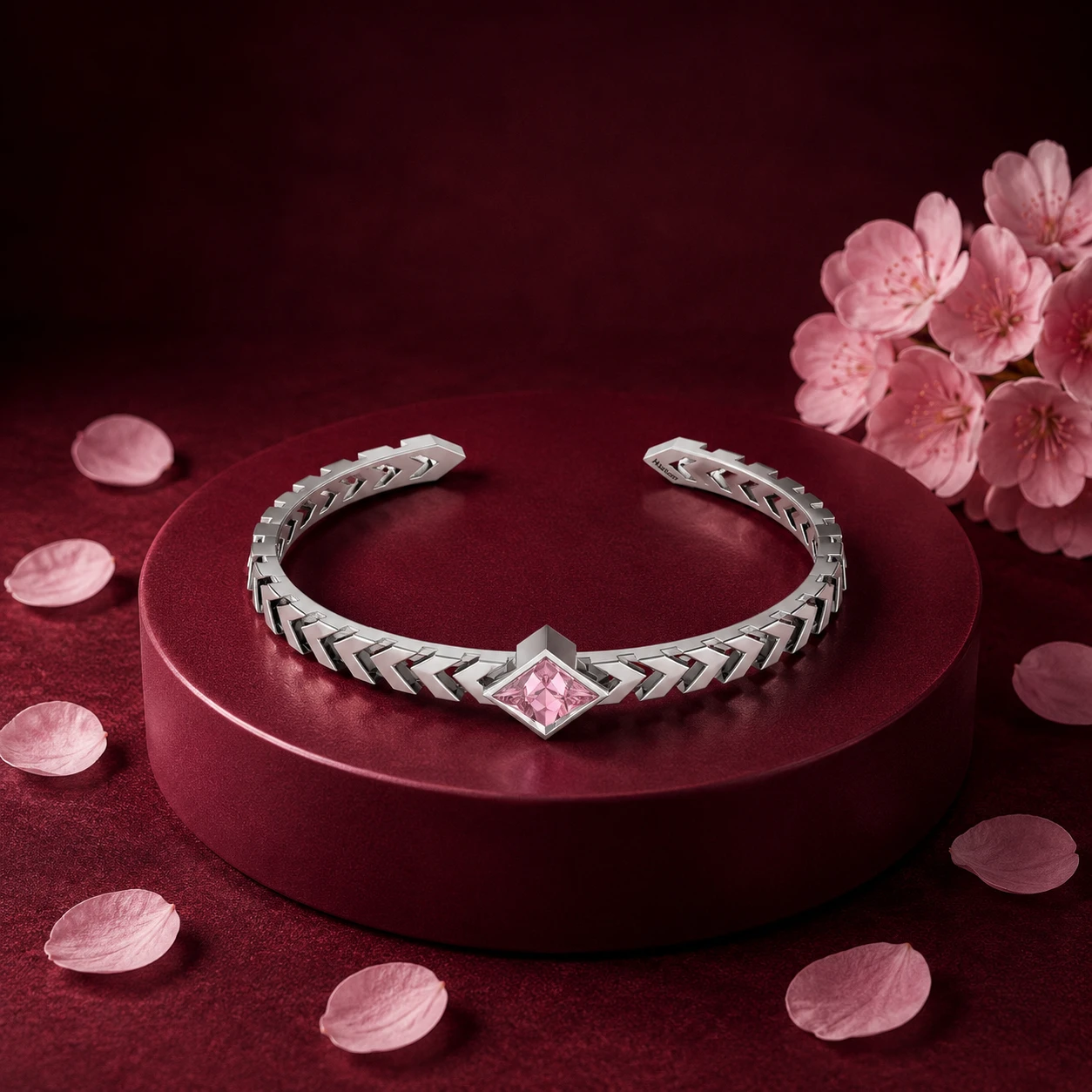 Open cuff silver bracelet features a sharp chevron motif set with a princess cut morganite