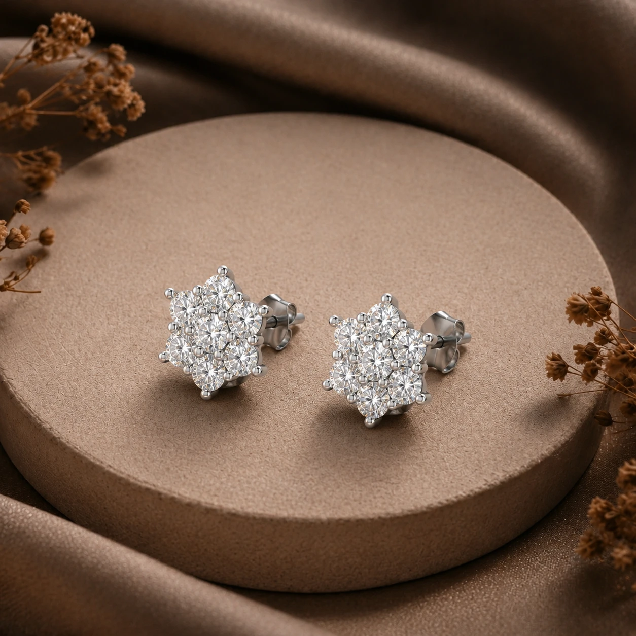 Floral patterned diamond clusters mounted on sterling silver posts