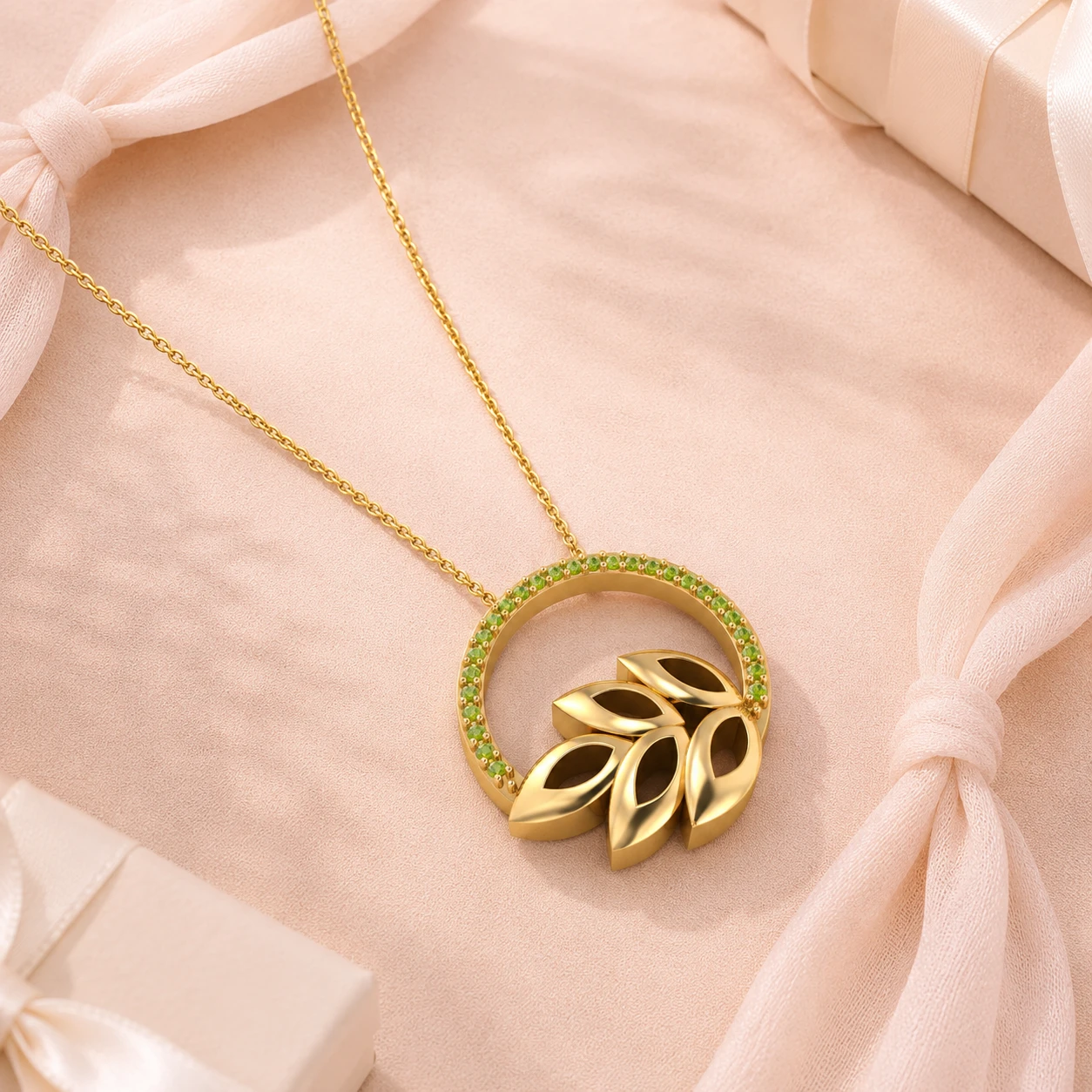 Sterling silver leaf charm necklace with a green peridot gemstone
