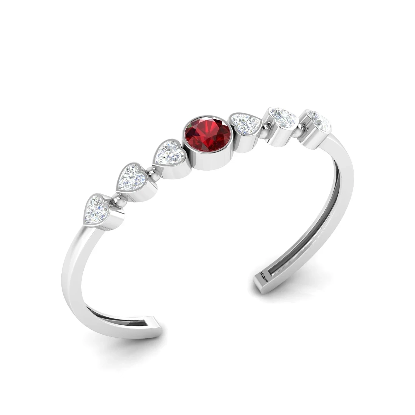 Sterling silver open cuff bracelet showcasing a central round red garnet and heart-shaped diamonds.
