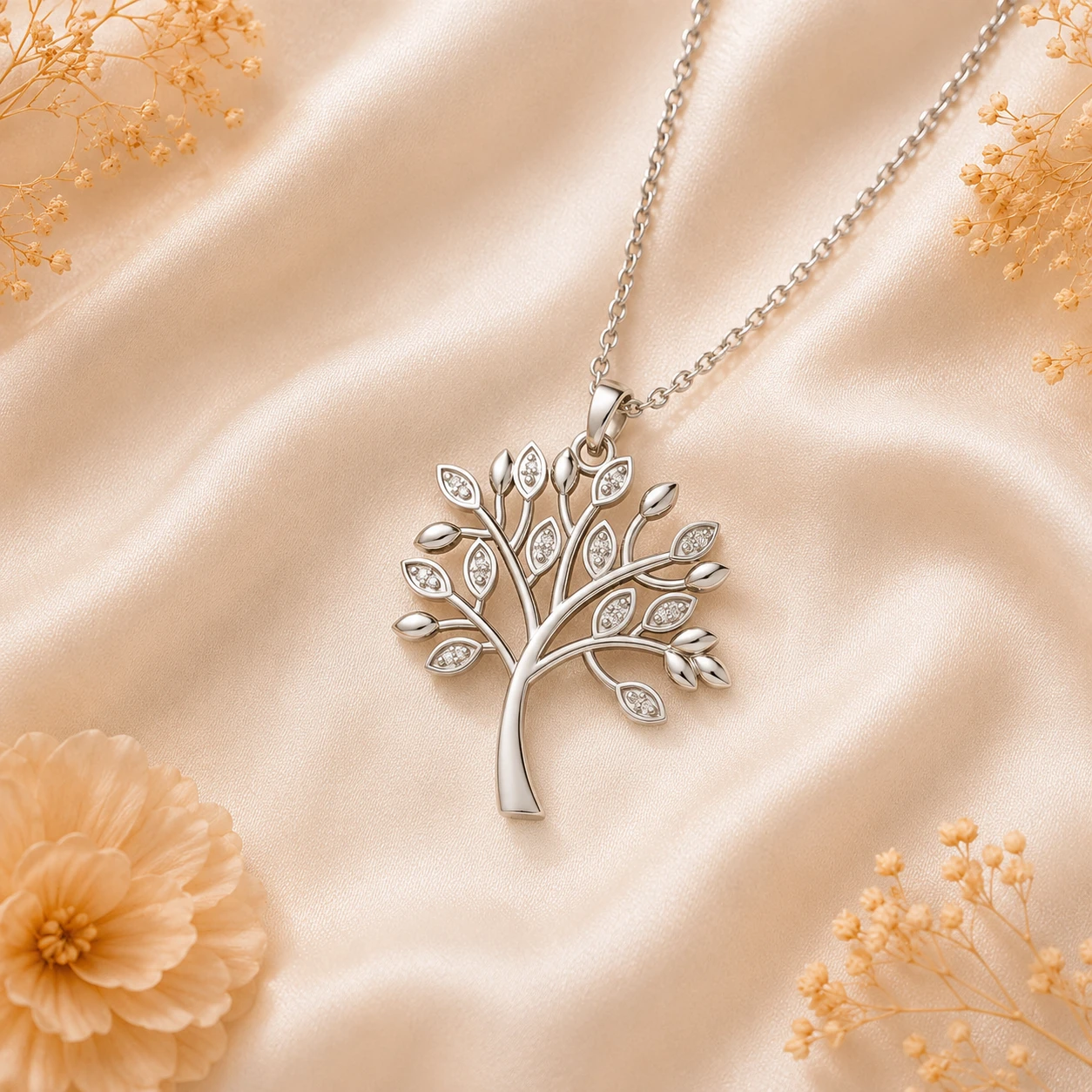 Tree of life silhouette charm necklace detailed with miniature sparkling accent round diamonds in silver