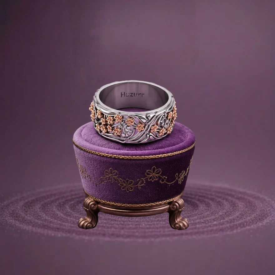 Elegant sterling silver band ring featuring a delicate two-tone flower engraving and contrasting metallic finishes