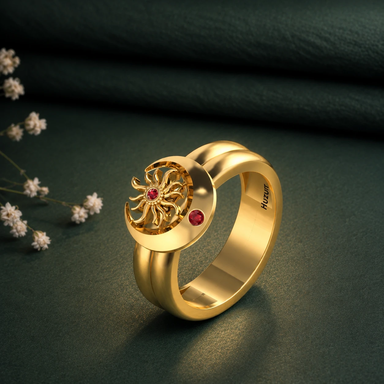 Double Band Garnet Ring in Sun and Moon style