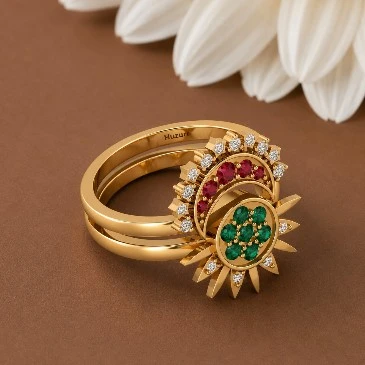 Sun & Moon Emerald & Ruby Gold Plated Double Band Cocktail Ring