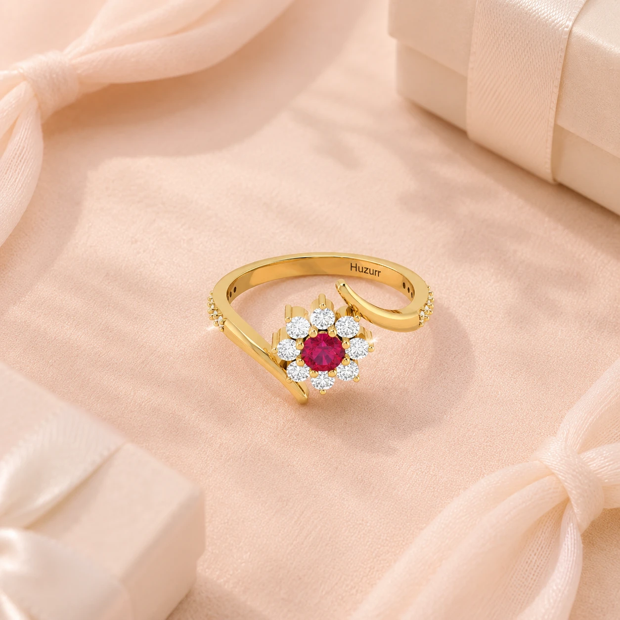 Ruby sunflower ring with white diamond accents on gold plating