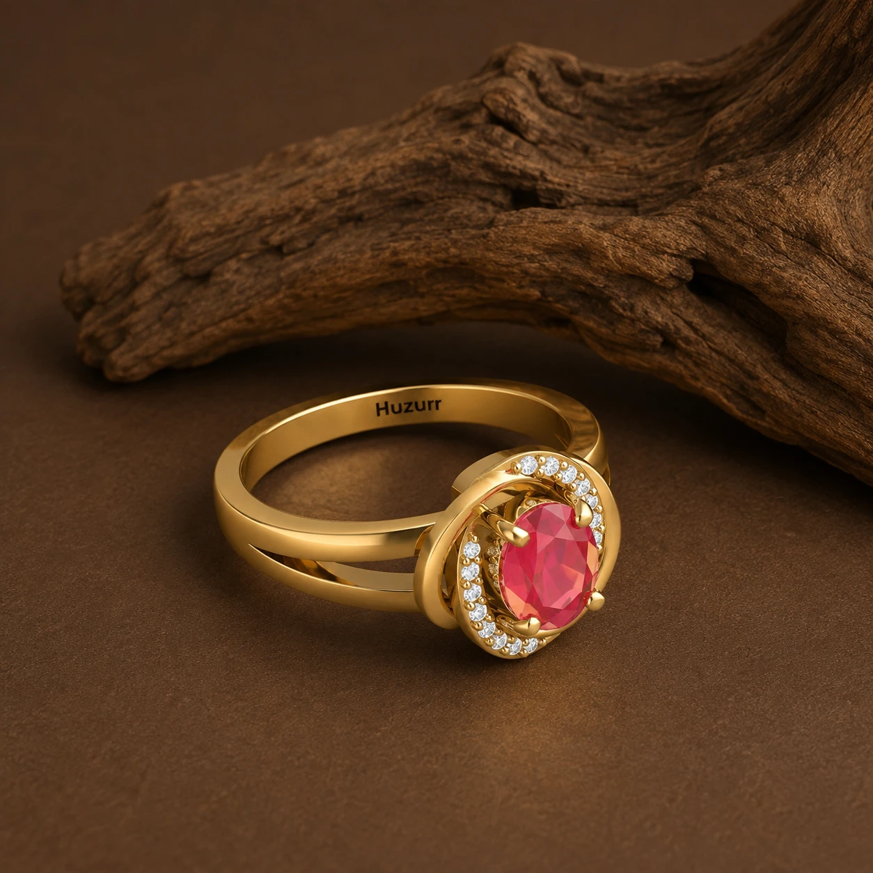 Swirl Oval Ruby And Diamond Halo Ring in Gold Filling