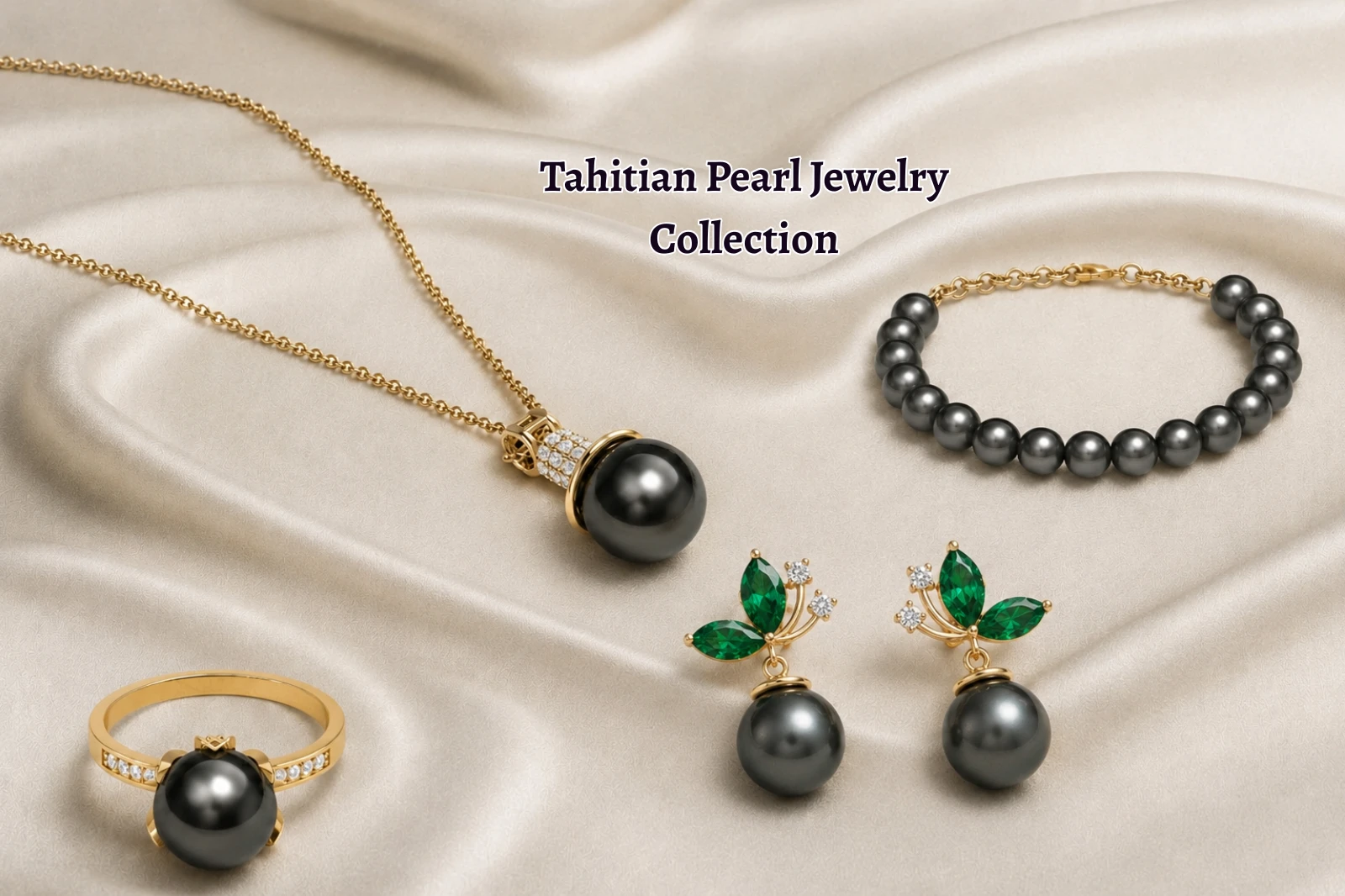 Tahitian black pearl jewelry set featuring a gold pendant necklace, a beaded bracelet, a ring, and emerald leaf accent earrings from Huzurr