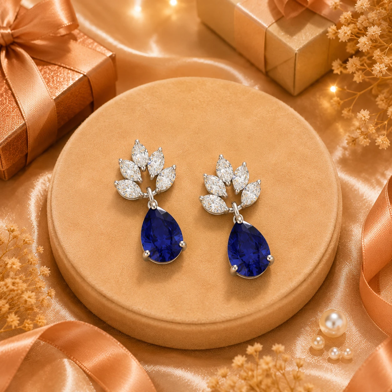 Pear-shaped dangle earrings featuring a tanzanite drop hanging below a fan of marquise-cut diamonds, set within a floral crown cluster crafted from sterling silver.