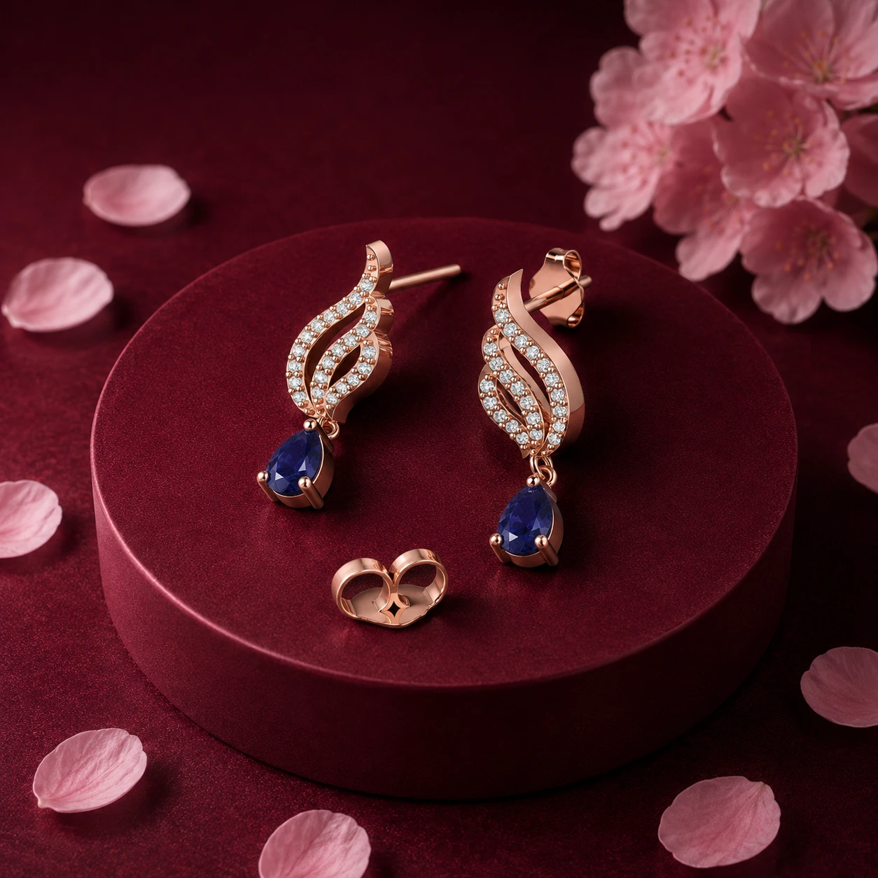 Teardrop shaped dangling earrings styled with tanzanite polished in rose gold plating