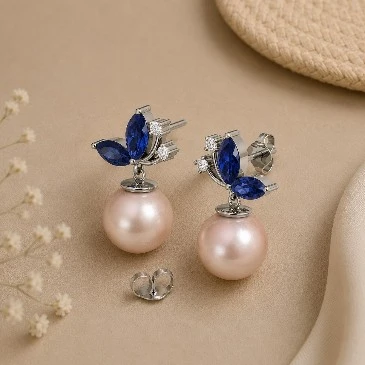 Akoya Pearl Drop Tanzanite Sterling Silver Earrings
