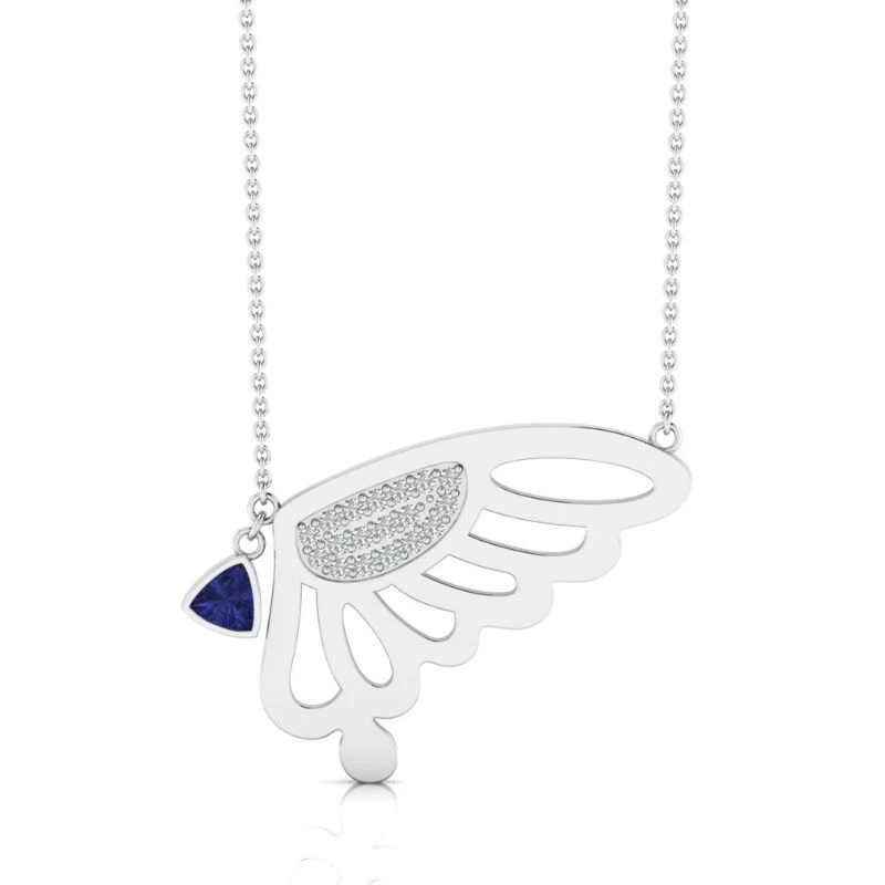 Sterling silver butterfly wing pendant necklace featuring white diamond pave accents and a trillion-cut blue tanzanite gemstone.