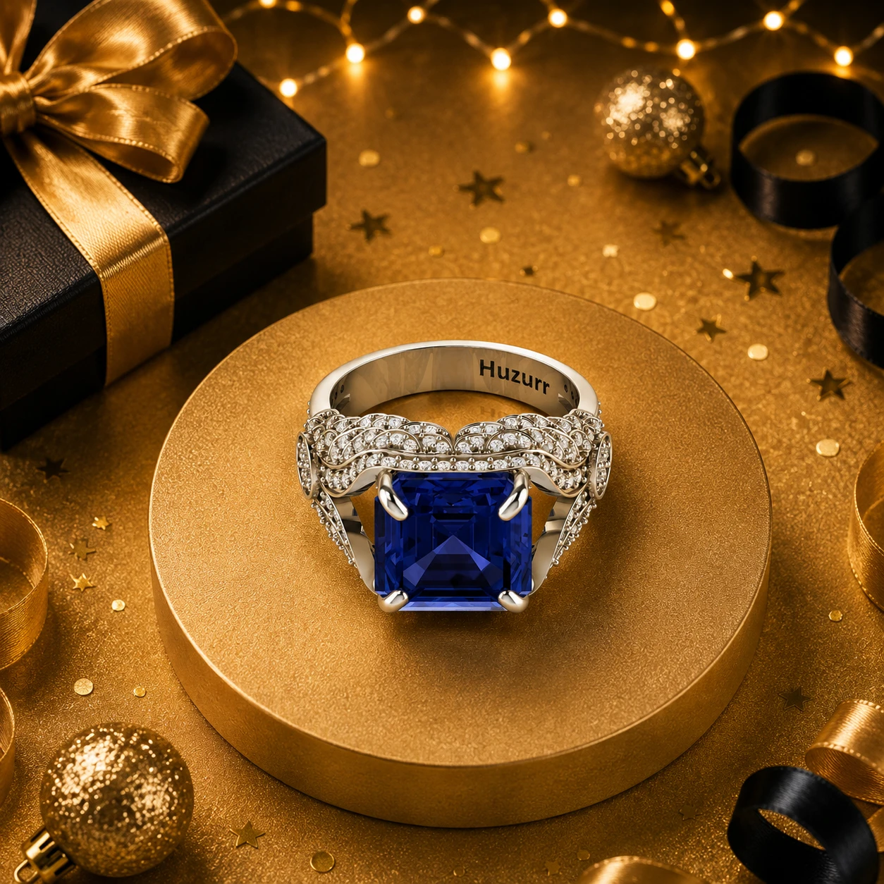 Emerald cut blue tanzanite gemstone ring featuring silver pave diamond wing shank accents