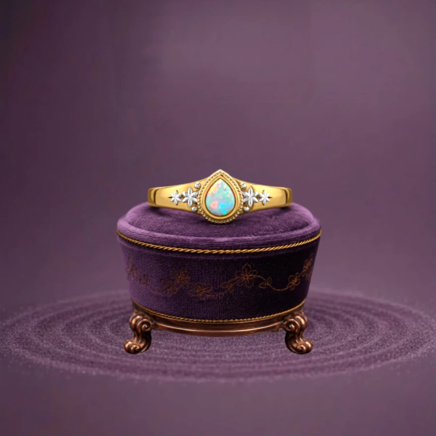 Pear-cut opal centerpiece with an iridescent sheen, set within a delicate, two-tone ring frame featuring a gold-plated floral design.