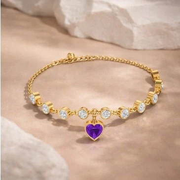 Tennis Amethyst Heart Charm Gold Filled Diamond Bracelet