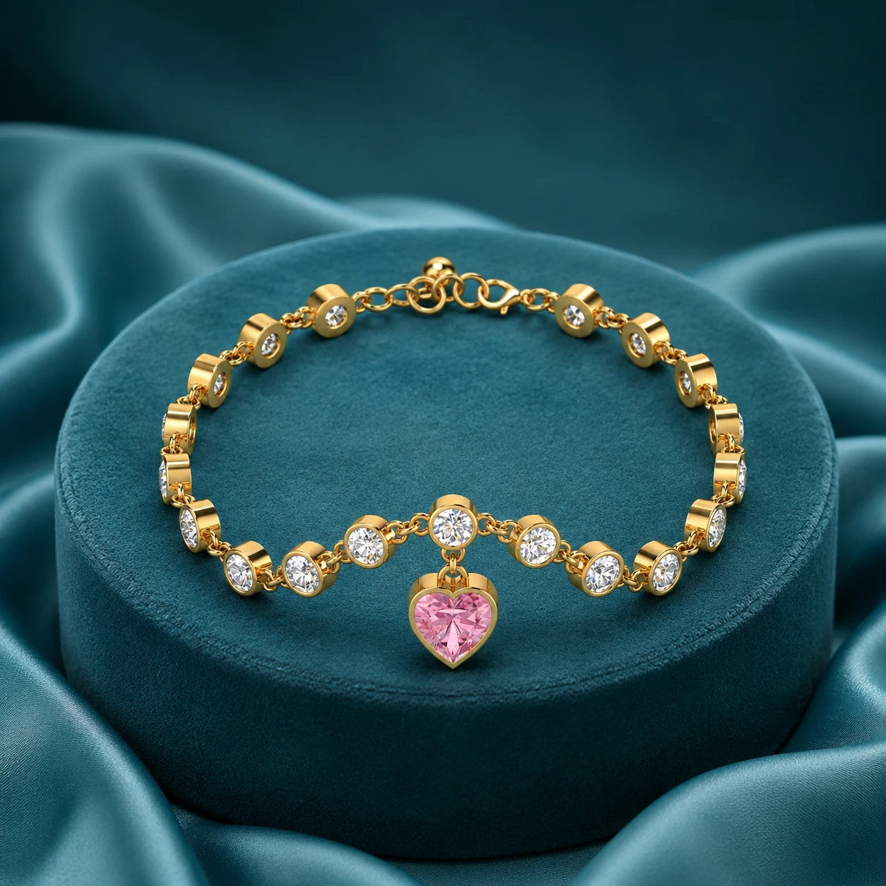 Tennis morganite heart charm diamond bracelet plated in gold
