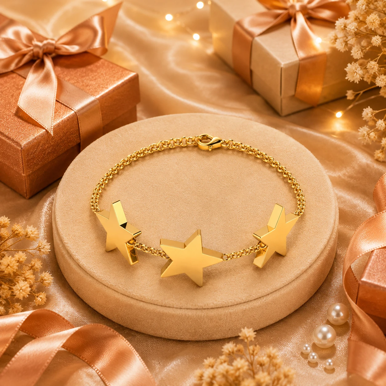A bracelet featuring three star charms arranged in a row on a gold-plated cable chain, secured with a sturdy lobster clasp