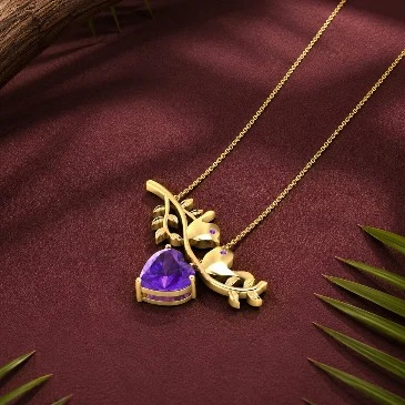 Gold Plated Heart-Cut Amethyst Love Birds Drop Pendant