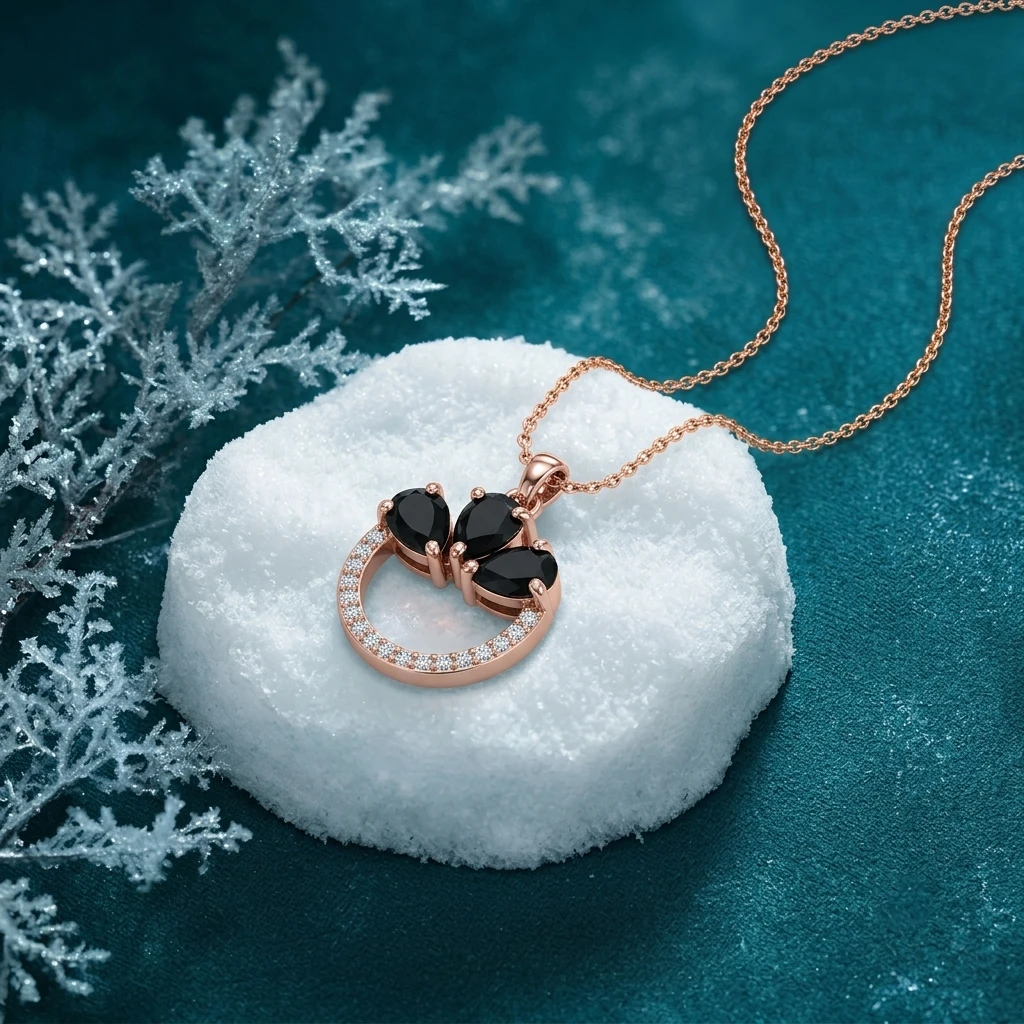 Rose gold plated circlet pendant necklace with three pear-shaped black diamonds and a diamond halo
