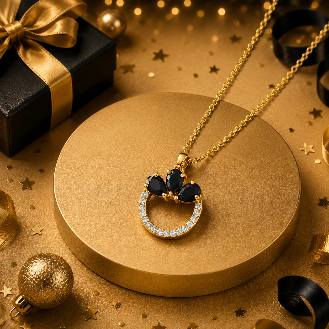 Three pear-cut black diamonds, set in prong settings, are placed on open, crescent-shaped loops attached to a gold-plated chain