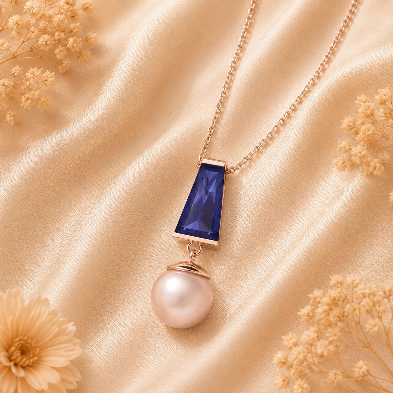Trapezoid tanzanite pendant plated in rose gold featuring with a hanging Akoya pearl