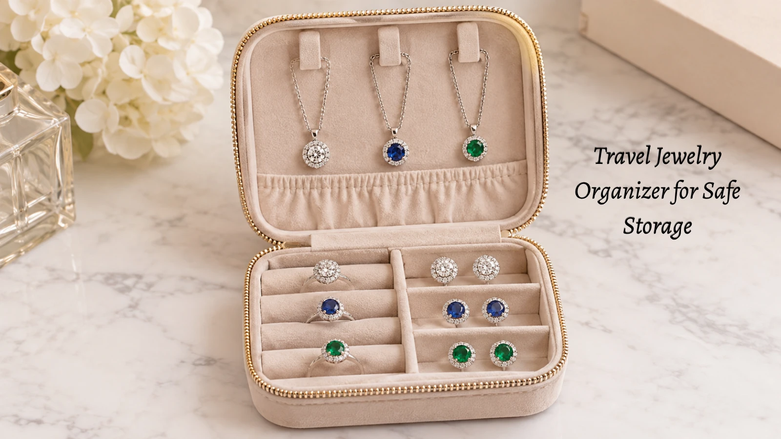 Travel jewelry organizer keeping necklaces, rings, and earrings separate