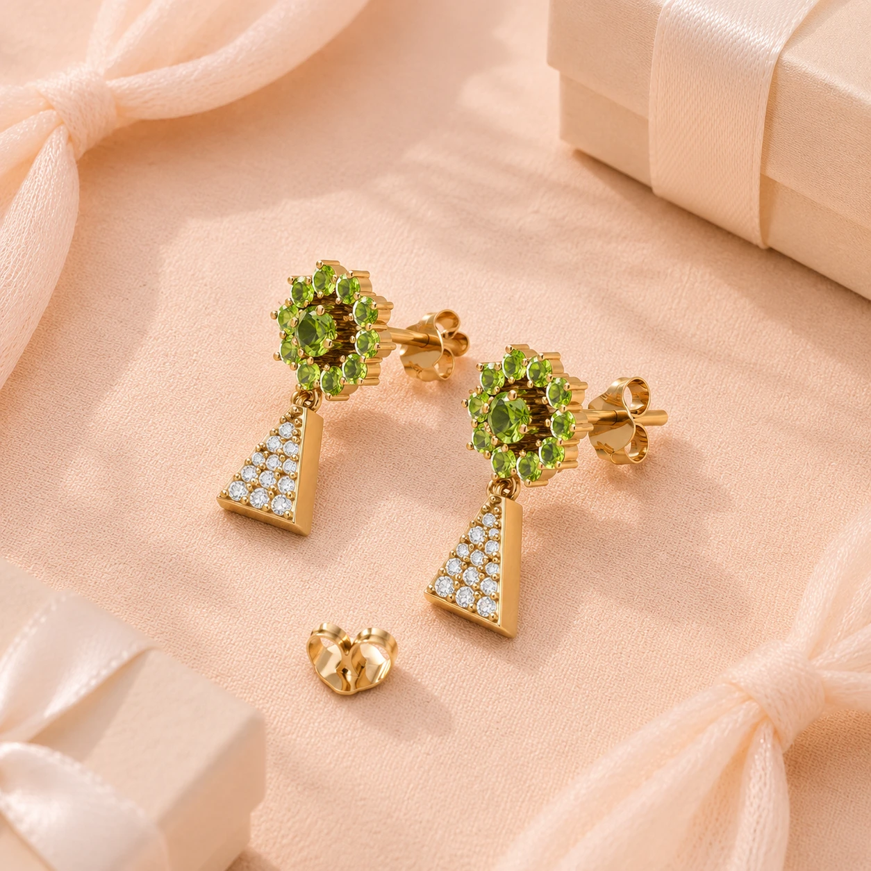 Gold plated triangle drop earrings with green peridot flower clusters