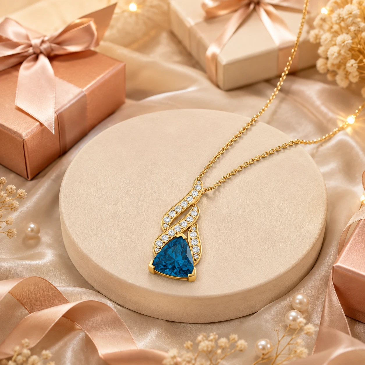 Trillion cut London Blue Topaz is securely set within a stylish gold-plated flame motif that extends upwards, featuring a row of small diamonds.
