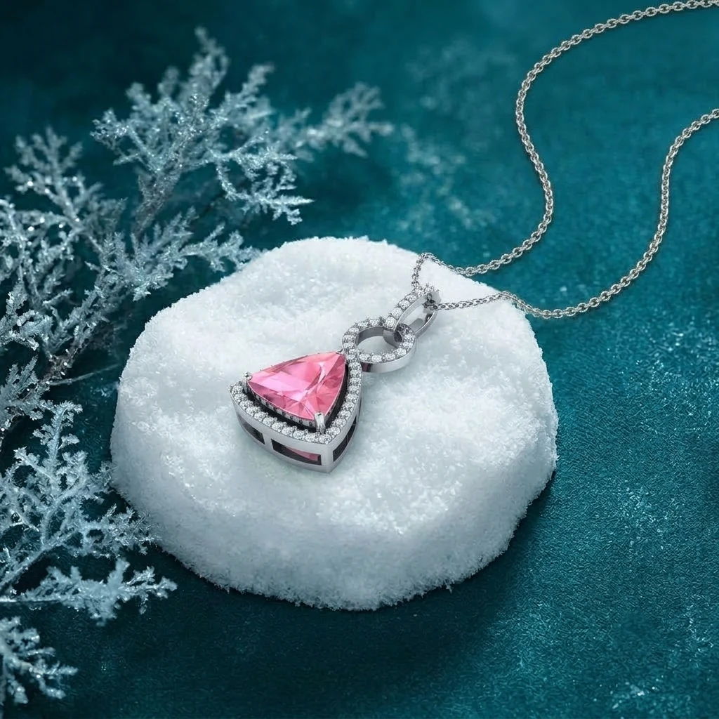 Trillion cut pink morganite silver pendant necklace with a diamond halo for Christmas sparkle