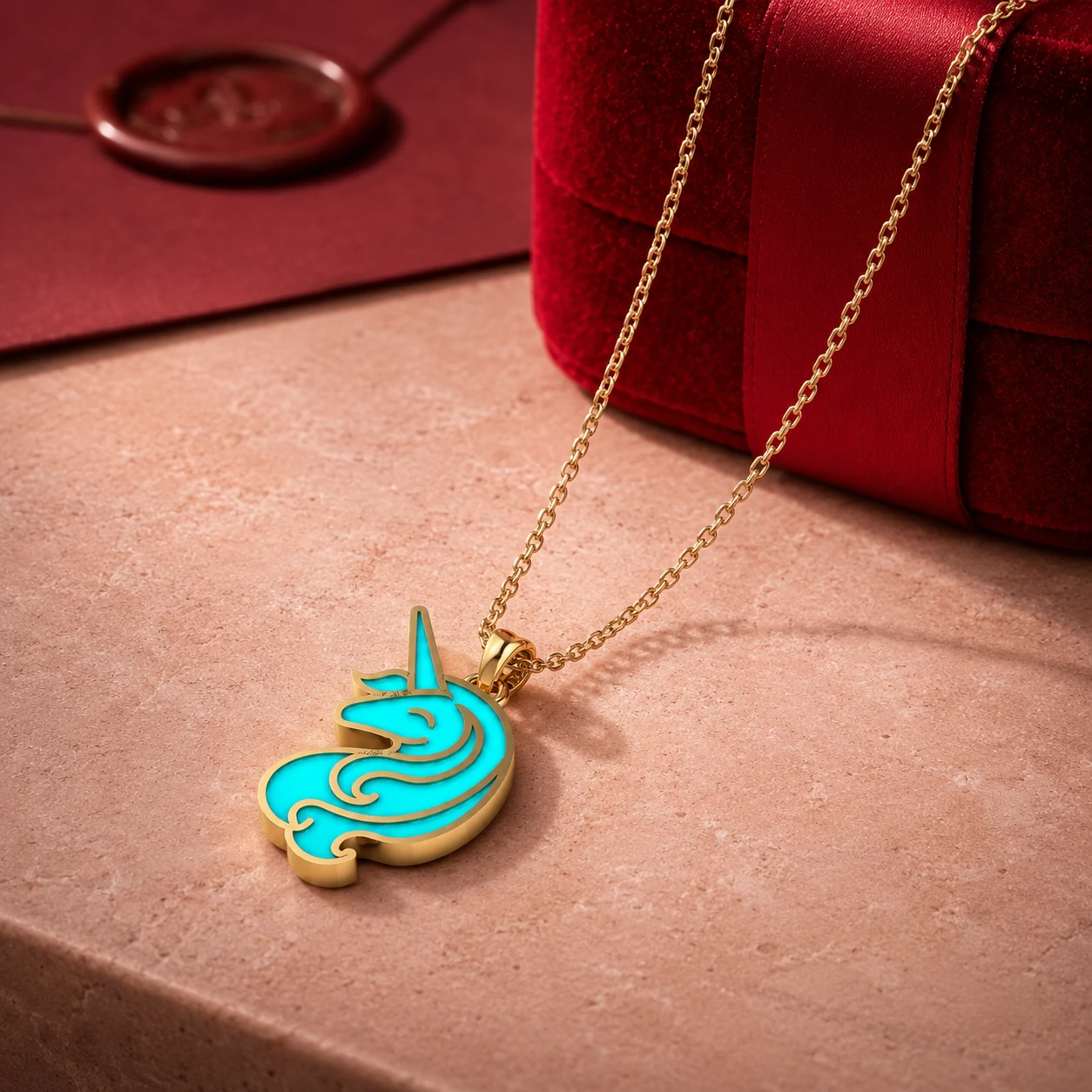 Turquoise blue enamel unicorn silhouette charm with a polished yellow gold outline