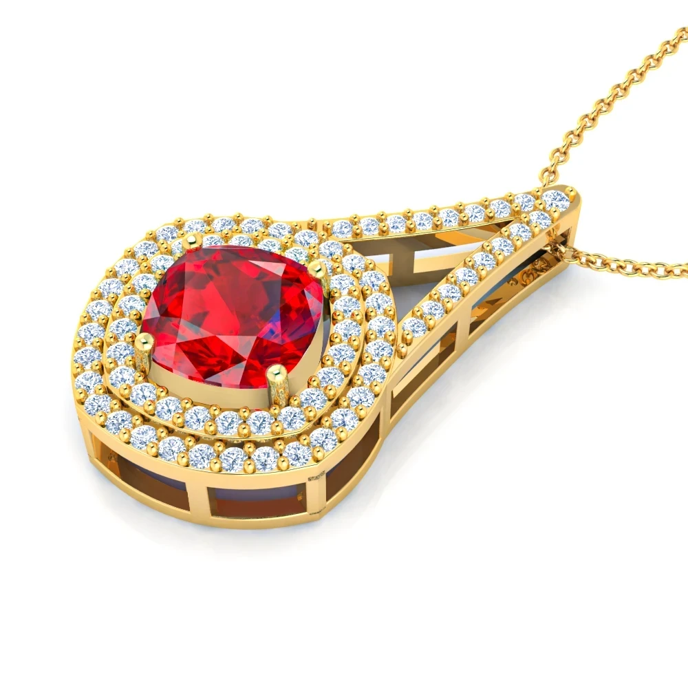 Inverted V-bale style pendant in yellow gold plating featuring a cushion-cut red garnet and double diamond halo.